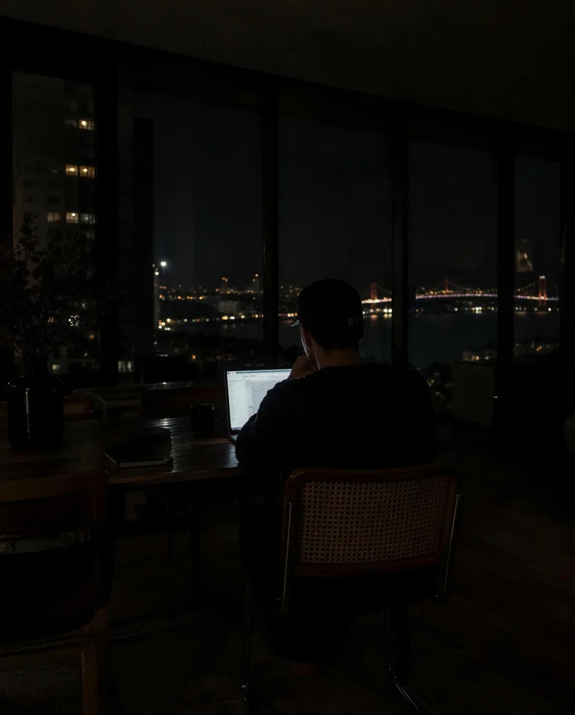 A founder alone, seen from behind, at a laptop in a dark apartment at night.