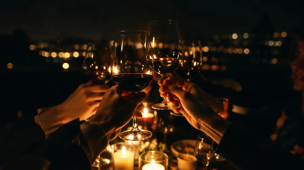 Hands raising glasses by candlelight.